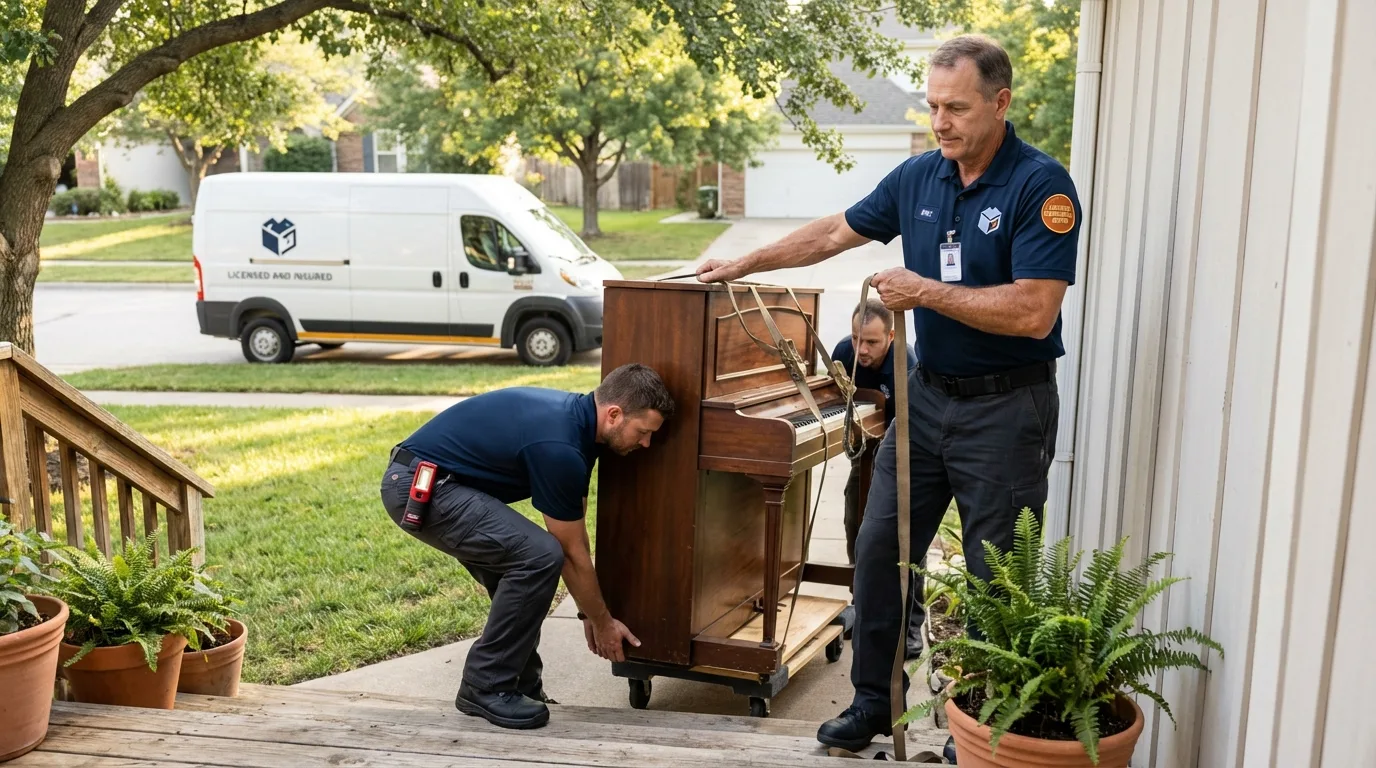 Licensed piano movers securing grand piano in Central Point, OR
