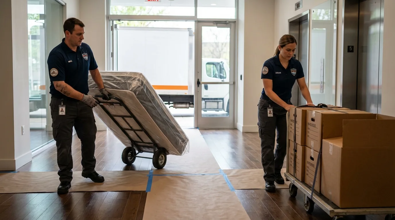 Professional apartment movers loading elevator in Central Point, OR